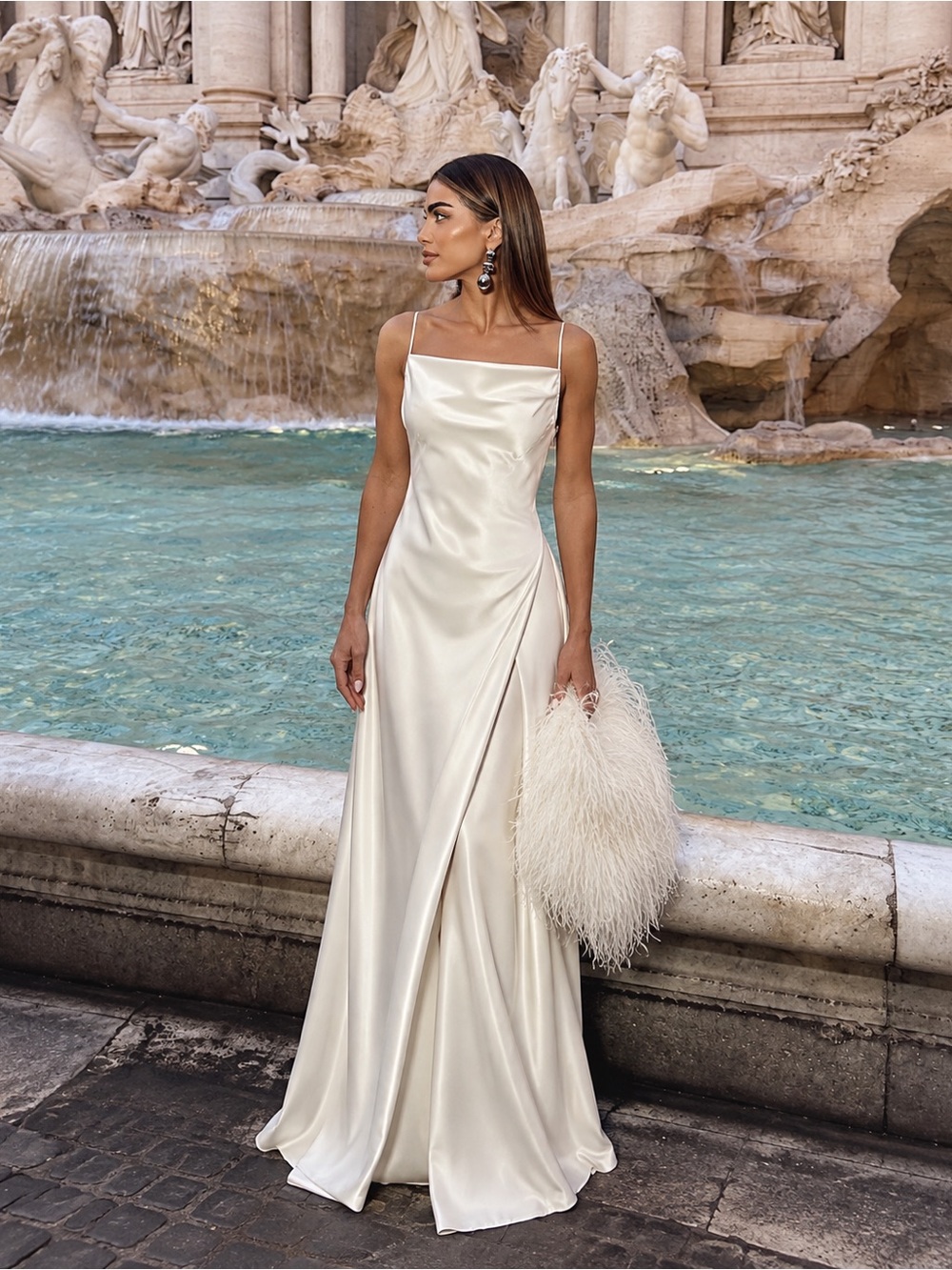 Camila Coelho REVOLVE Reyna Slit Satin Silk Like Maxi Dress Pearl White